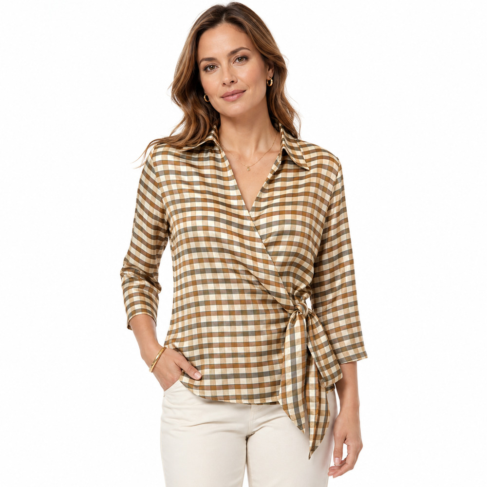 Anne Carson Plaid 100% Silk Wrap Style Top Beige Blouse Collared Side Tie sz S
